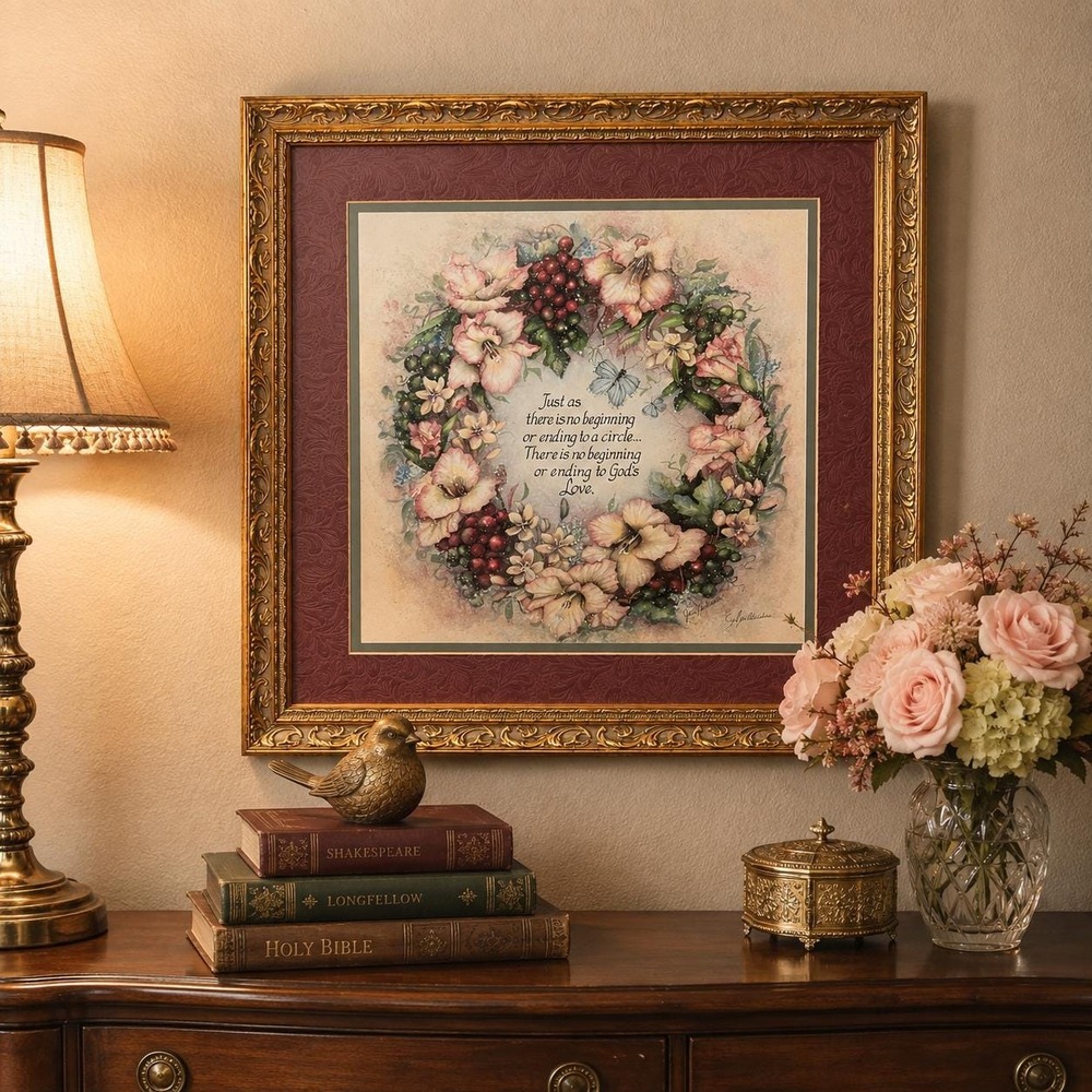 Home Interiors Jan Middleton Floral Wreath God's Love Framed Christian Wall Art